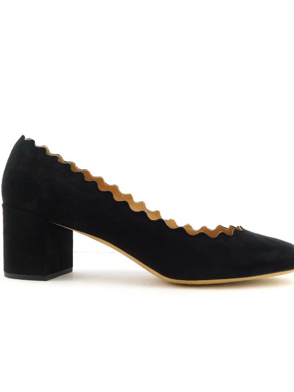 CHLOE Lauren Black Scalloped Suede Block Heel Pumps Size 38